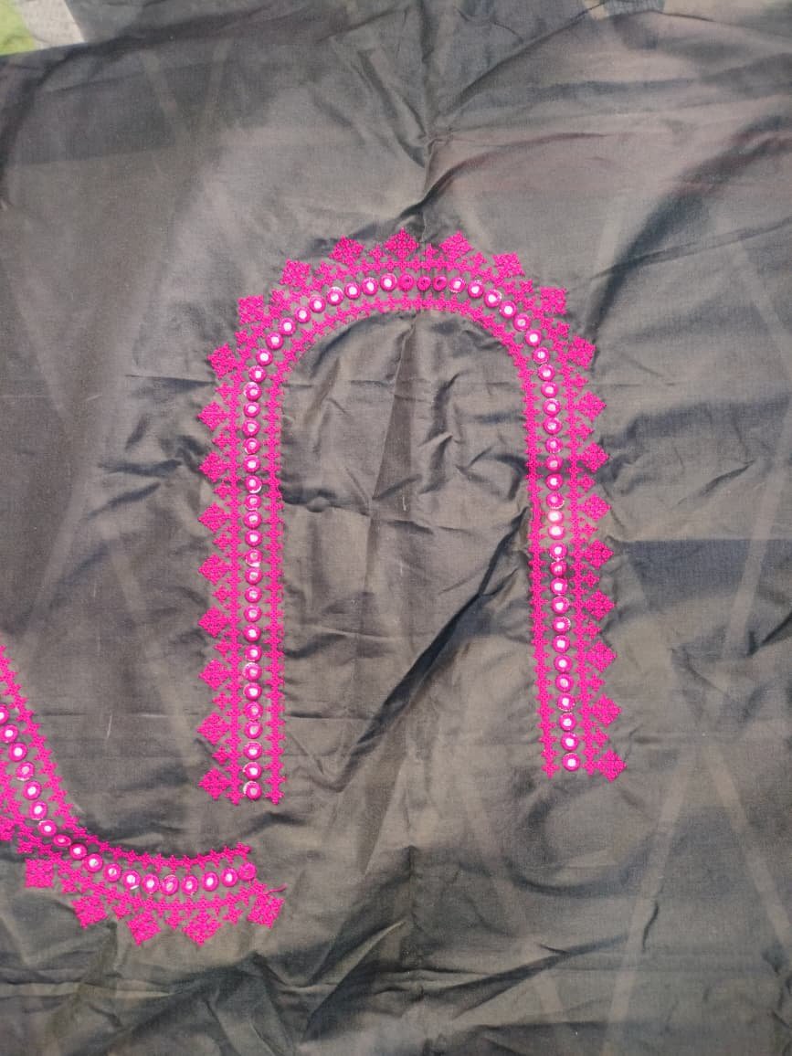 Pink mirror work U-shaped neckline on black georgette