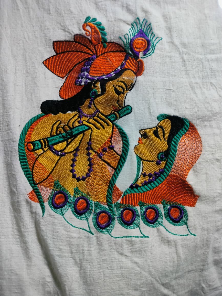 Radha Krishna colourful embroidery on cream fabric