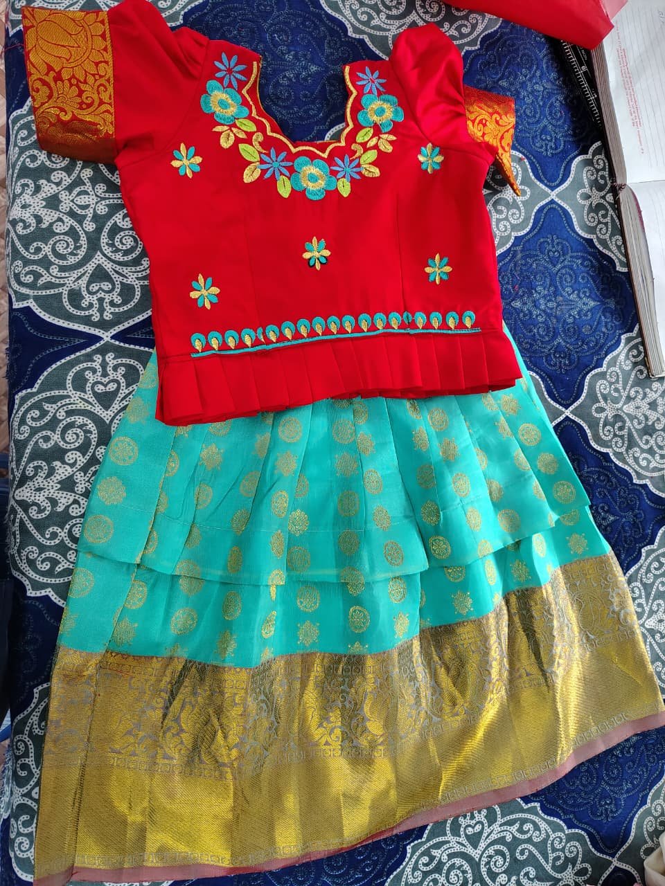 Kids red and teal pattu lehenga set