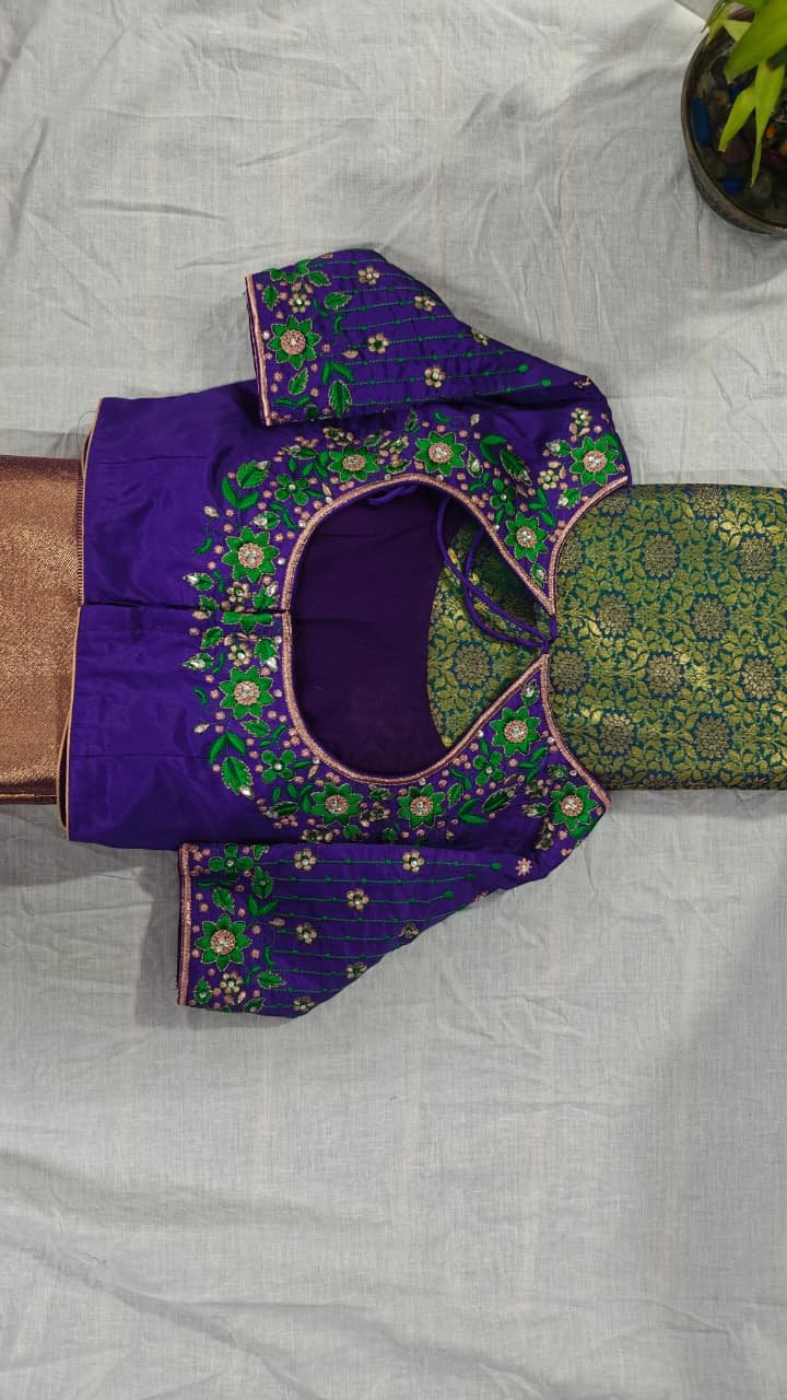 Purple silk blouse with green floral mirror work neckline and brocade sleeves