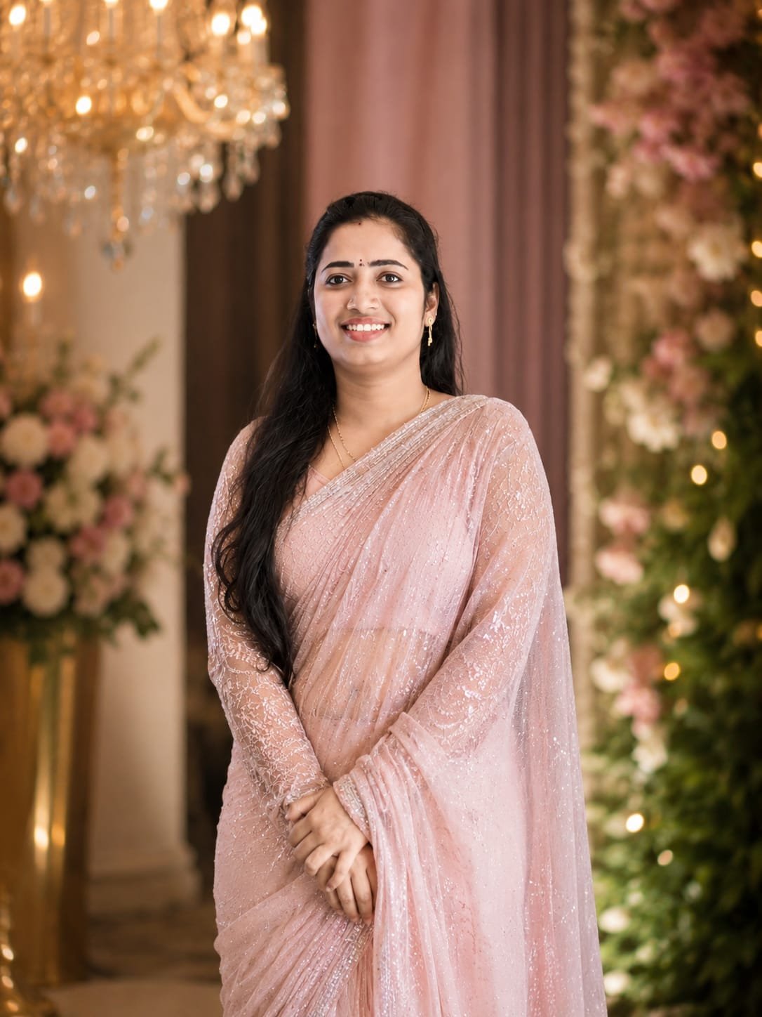 Mrs. Lalitha, founder of Abhikrith Designer Boutique, in a hand-embroidered maroon anarkali